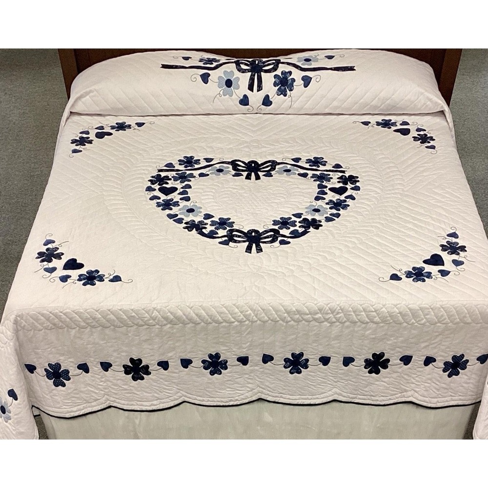 Quilt Heart Bouquet needle turned Queen Blue White Scalloped edge92x106.